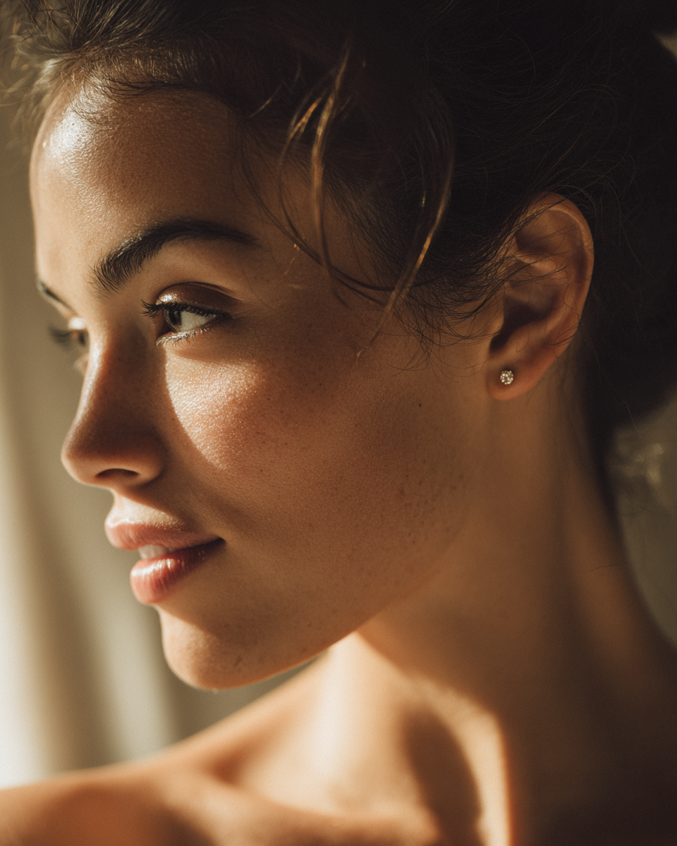 Diamond stud earrings on ear