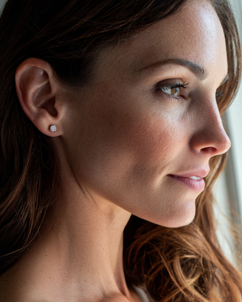 Woman wearing Marc Robinson diamond studs in soft natural light