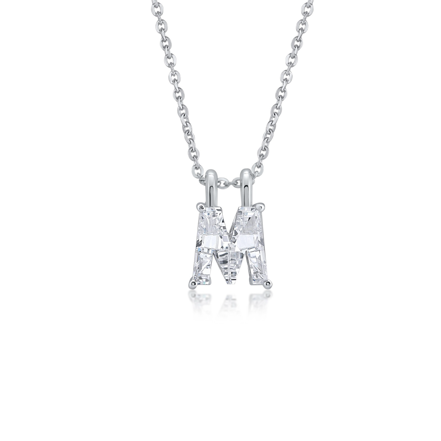 White gold necklace with an 'M' shaped diamond pendant on a white background