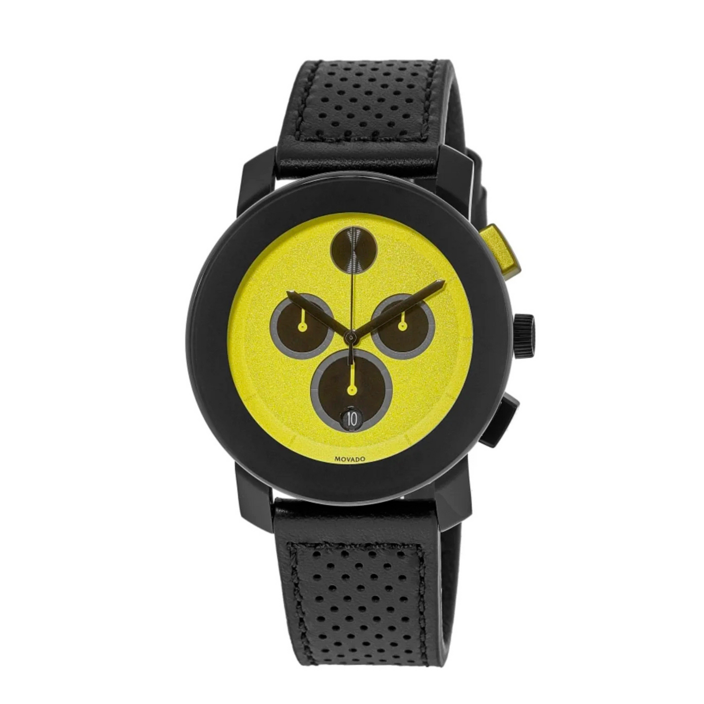 Movado Bold Yellow Dial Leather Strap Chronograph Watch 44 mm