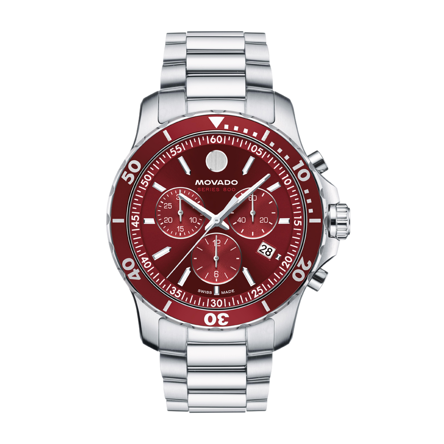 Movado Series 800 Chronograph Stainless Steel Red Dial Watch 42mm