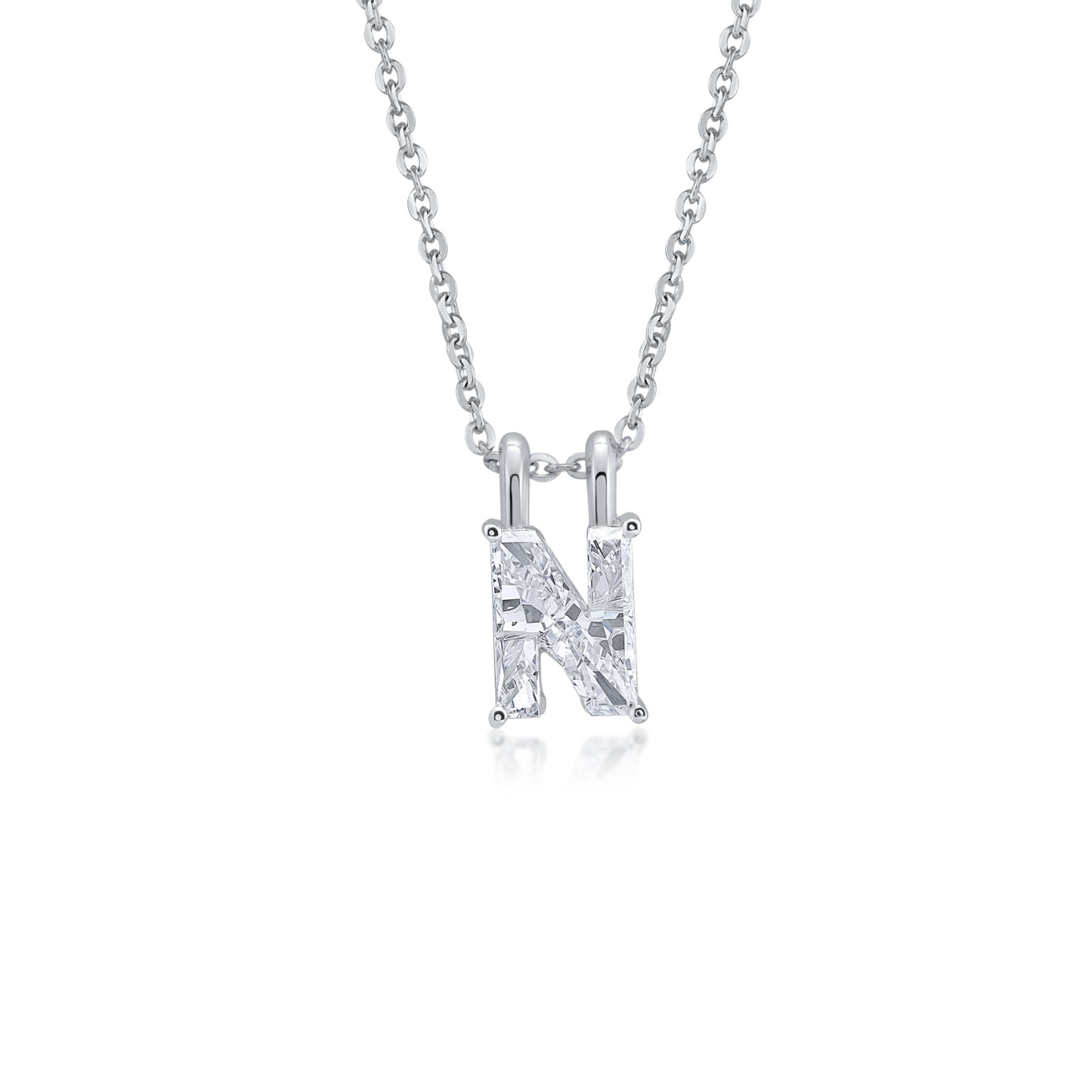 White gold necklace with an 'N' shaped diamond pendant on a white background