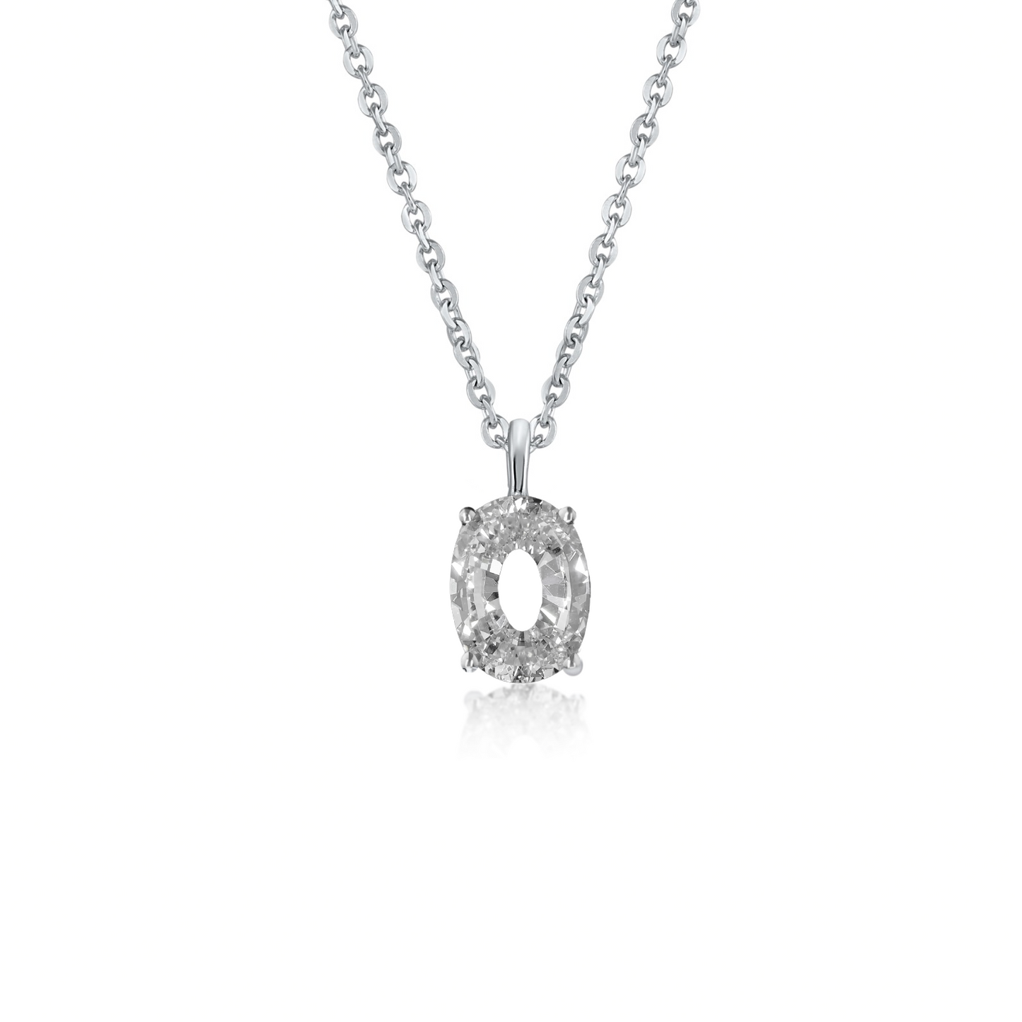 White gold necklace with an "O" shaped single diamond pendant on a white background