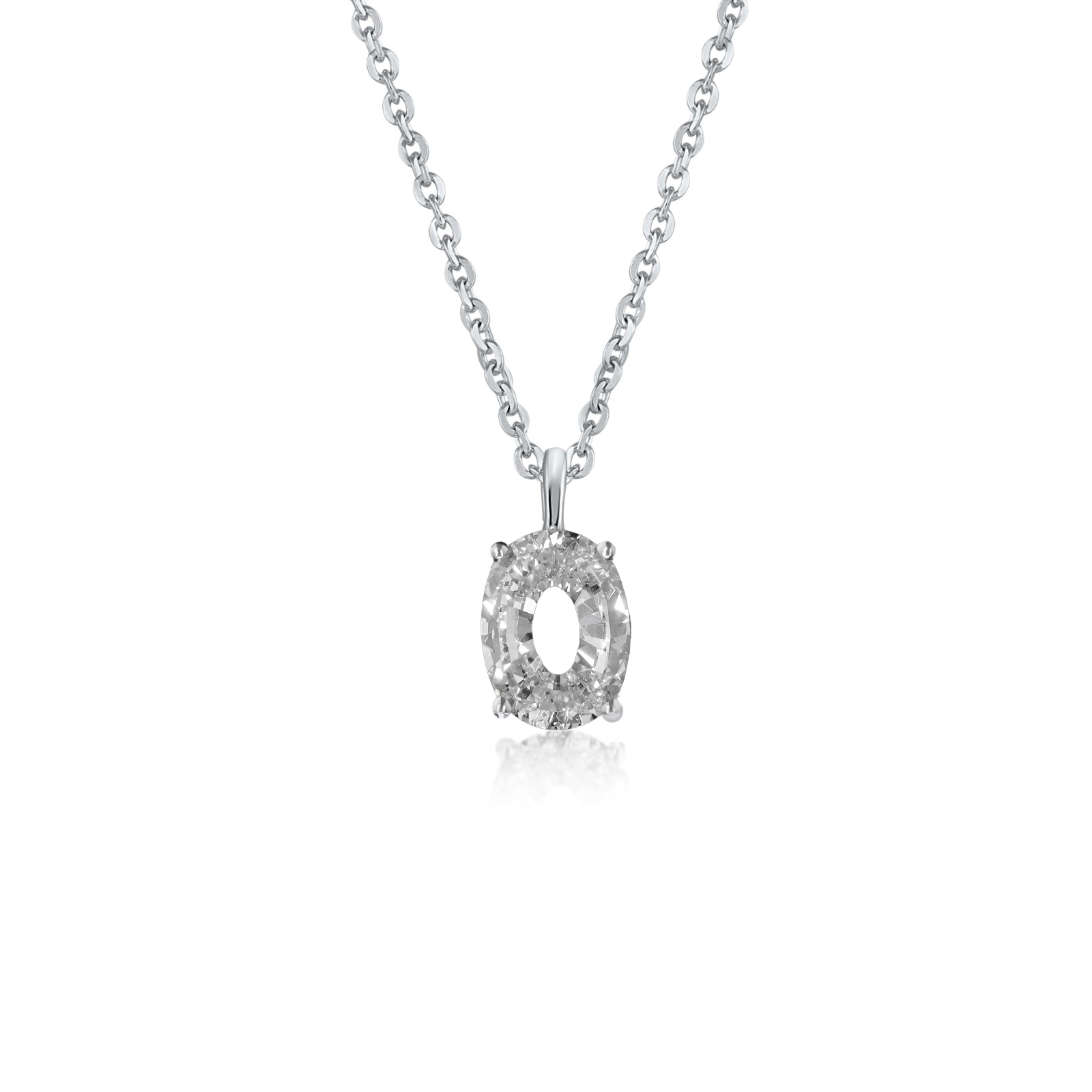White gold necklace with an "O" shaped single diamond pendant on a white background