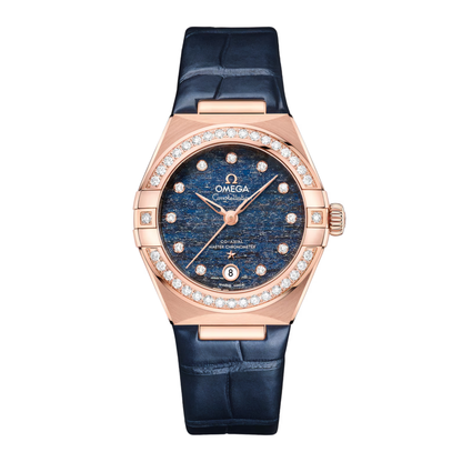 Omega Constellation Sedna Gold Blue Leather Automatic Watch 29 mm