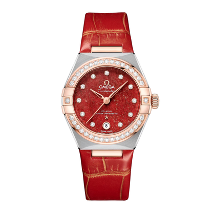 Omega Constellation Diamond Sedna Gold Red Leather Automatic Watch 29 mm