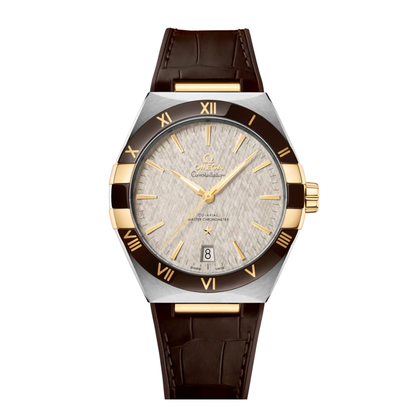 Omega Constellation Yellow Gold Steel Brown Leather Automatic Watch 41 mm