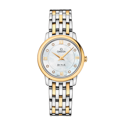 Omega De Ville Prestige Diamonds Yellow Gold Steel White Dial Watch 27.4 mm