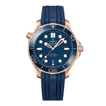 Omega Seamaster Diver 300M Sedna Gold Blue Rubber Automatic Watch 42 mm