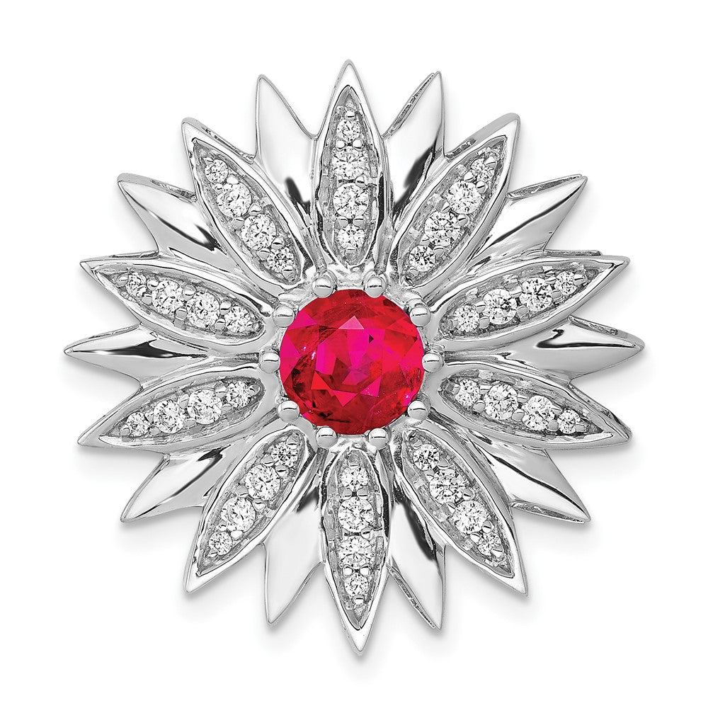 14k White Gold 3/8 carat Diamond and Ruby Flower Chain Slide - View 1