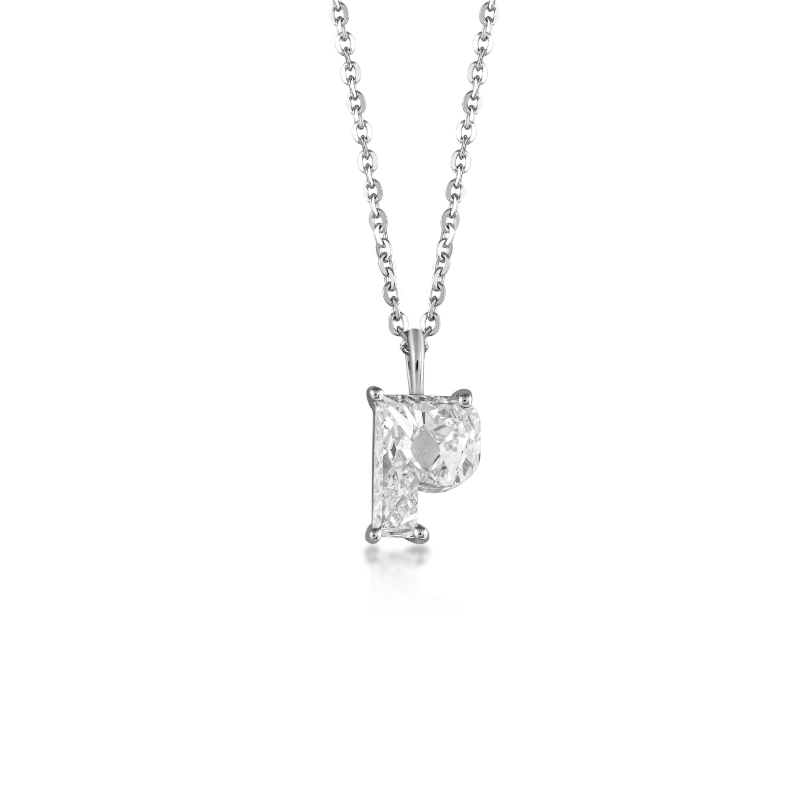 White gold necklace with a 'P' shaped diamond pendant on a white background