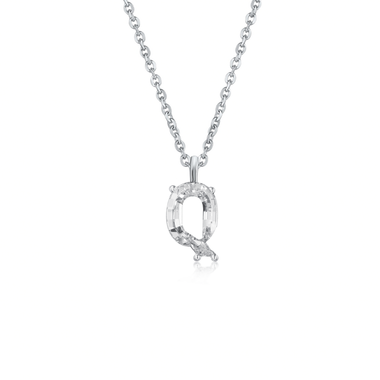 White gold necklace with a 'Q' single diamond pendant on a white background
