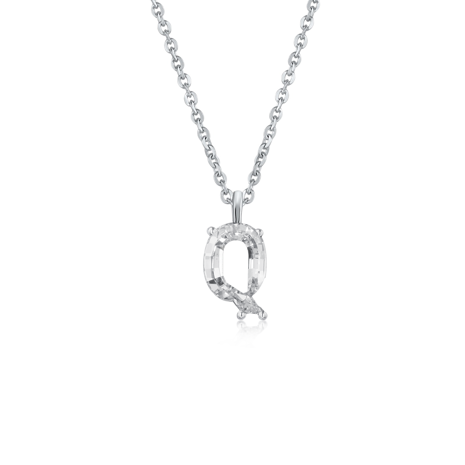 White gold necklace with a 'Q' single diamond pendant on a white background
