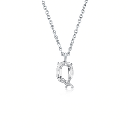 White gold necklace with a 'Q' single diamond pendant on a white background