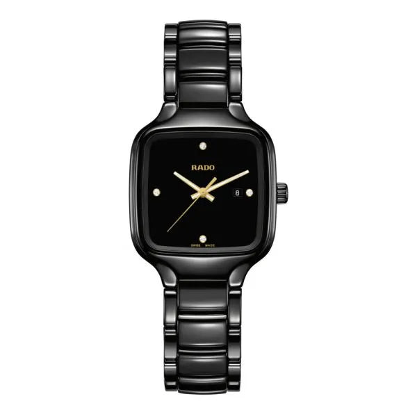 Rado True Square Diamonds 29.2 mm Black High-Tech Ceramic Titanium/PVD Quartz Watch – Diamond-Accented Date Style