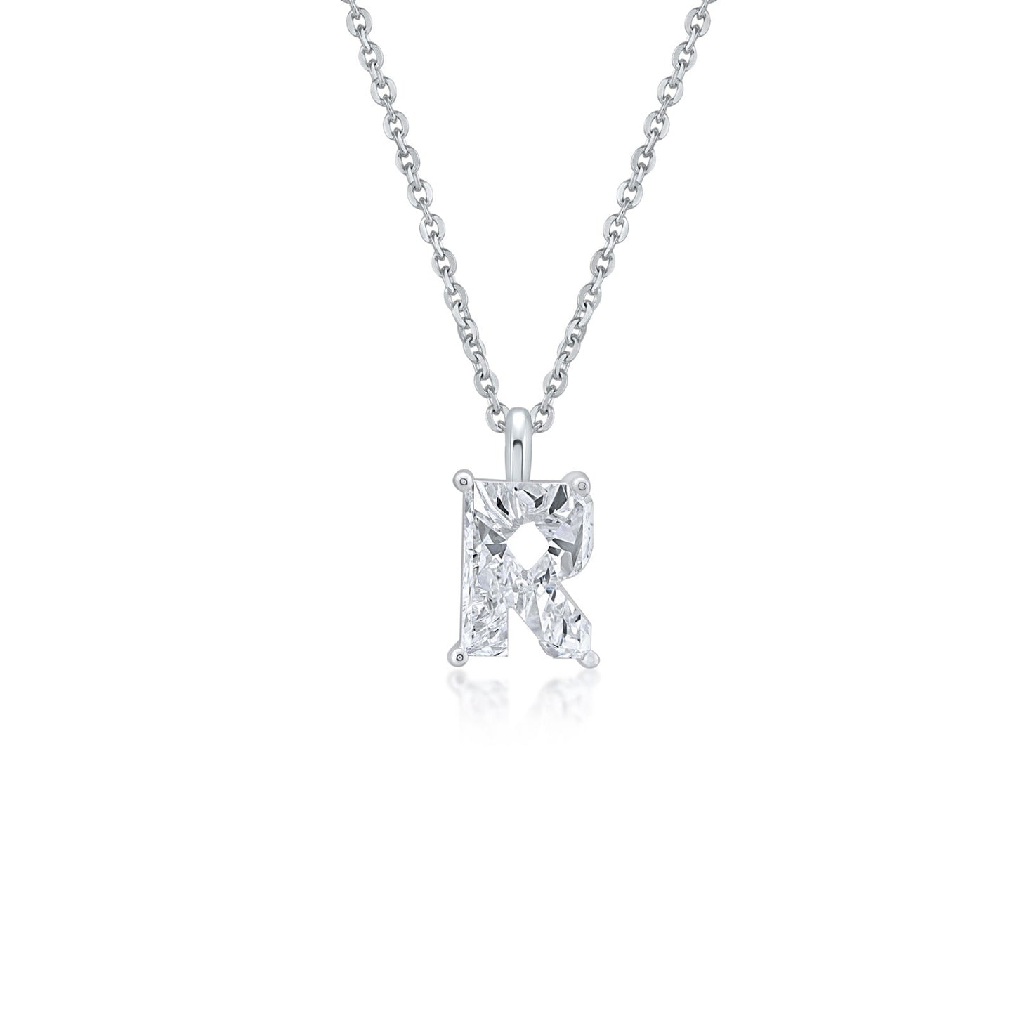 White gold necklace with an "R" shaped single diamond pendant on a white background