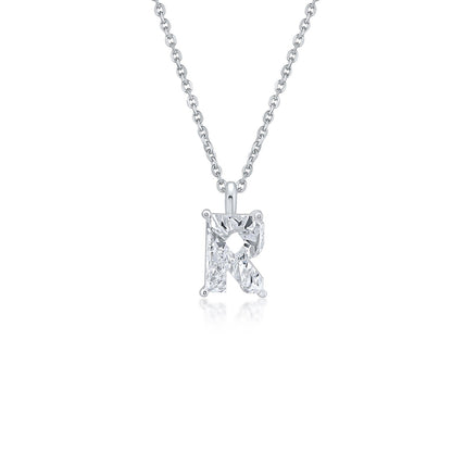 White gold necklace with an "R" shaped single diamond pendant on a white background