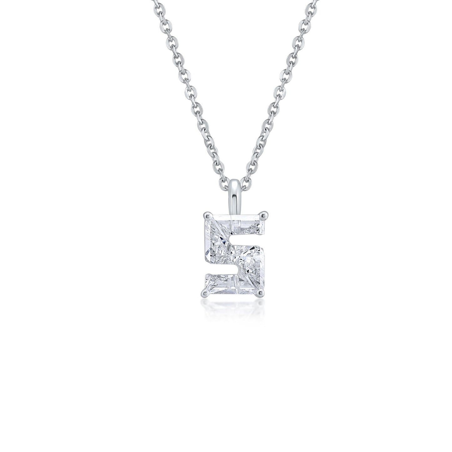 White gold necklace with an "S" shaped single diamond pendant on a white background