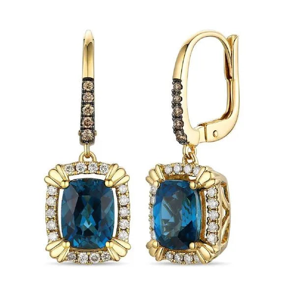 Le Vian Earrings in 14K Honey Gold featuring Blue Topaz, Chocolate Diamonds, Nude Diamonds. These earrings offer total weight 2.50 ctw.