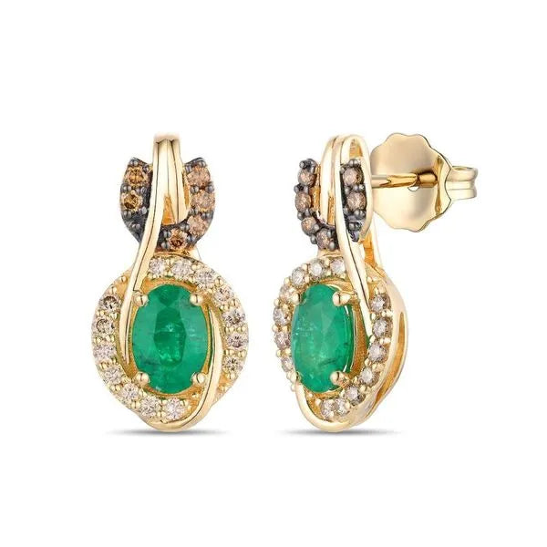 Le Vian Earrings in 14K Honey Gold with Radiant Chocolate Diamonds, Emerald, Nude Diamonds. These earrings offer total weight 0.62 ctw.