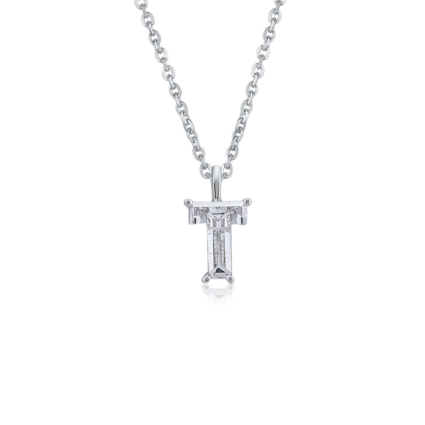White gold necklace with a "T" shaped single diamond pendant on a white background