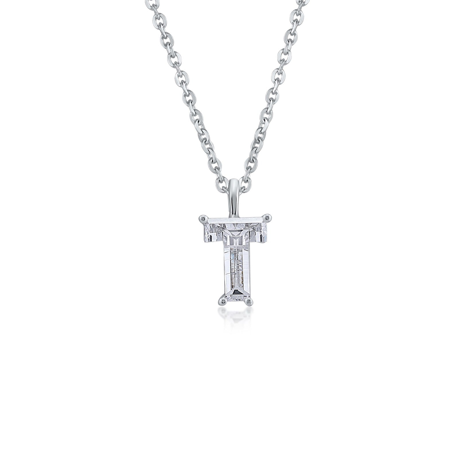 White gold necklace with a "T" shaped single diamond pendant on a white background