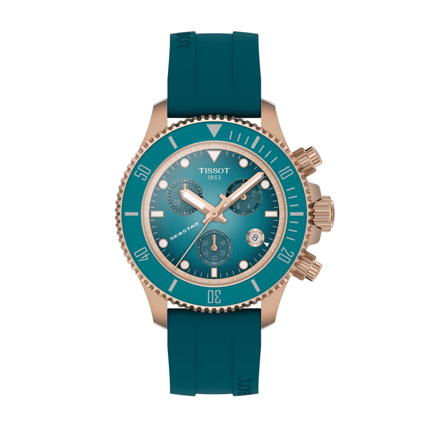Tissot Seastar 1000 Chronograph Gold PVD Frame Sapphire Crystal Turquoise Dial 38mm