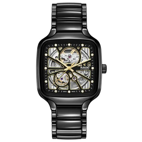 Rado True Square Automatic Open Heart 38 mm Black (Skeleton) High-Tech Ceramic Titanium Automatic Watch – Open-Heart Diamond Accented Style