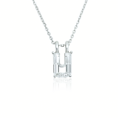 White gold necklace with a 'U' shaped diamond pendant on a white background