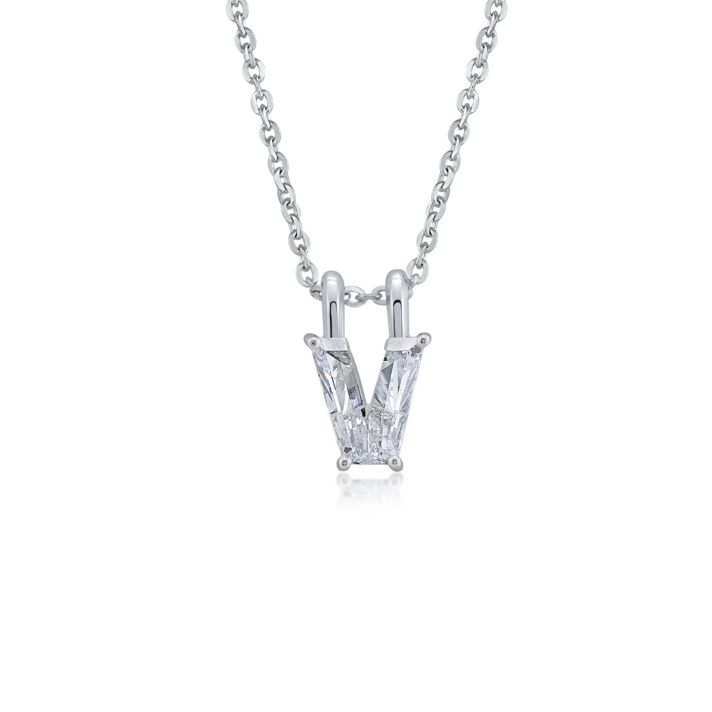 Diamond necklace with a 'V' shaped pendant on a white background
