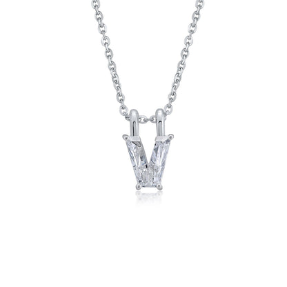 Diamond necklace with a 'V' shaped pendant on a white background