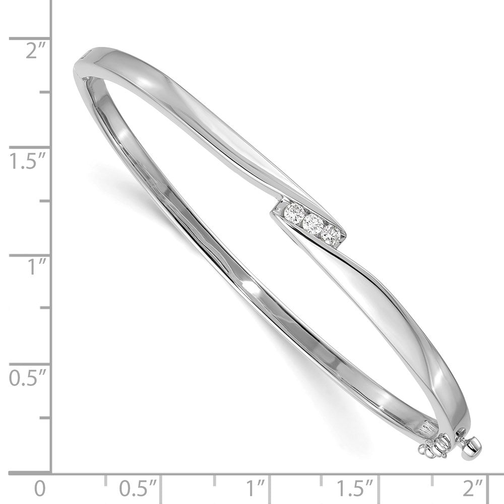 14k White Gold Complete 3-Stone 1/8 carat A Diamond Hinged Oval Bangle Bracelet - View 2