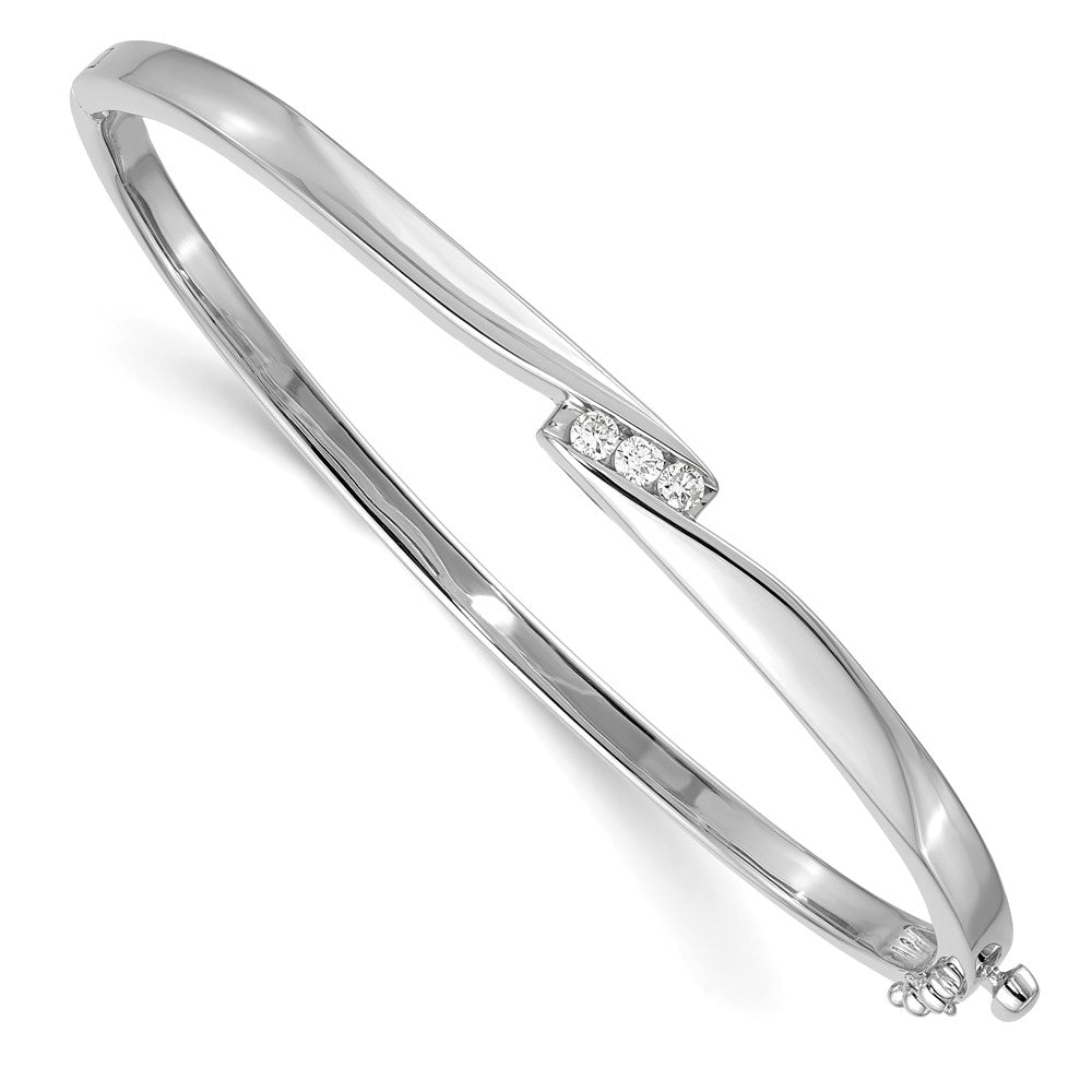 14k White Gold Complete 3-Stone 1/8 carat AA Diamond Hinged Oval Bangle Bracelet - View 1
