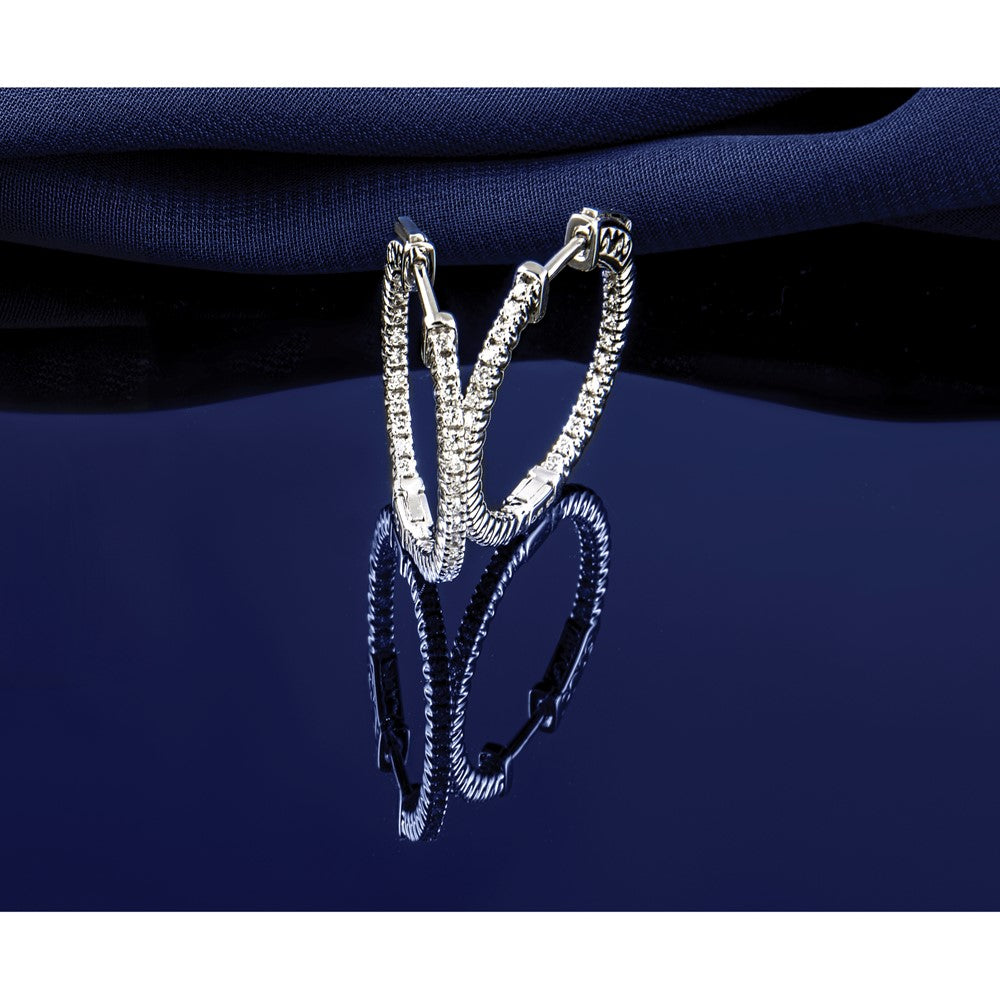 14k White Gold Diamond Round Hoop Earrings with Safety Clasp - Image 2