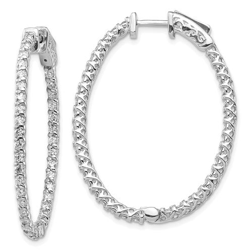 14k White Gold 1.75 carat Diamond Oval In/Out Hoop w/Safety Clasp Earrings