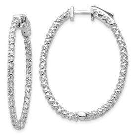 14k White Gold 1.75 carat Diamond Oval In/Out Hoop w/Safety Clasp Earrings