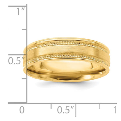 14k Yellow Gold 6mm Heavyweight Comfort Fit Brushed Satin/Polished Milgrain Grooved Edge Wedding Band Size 13