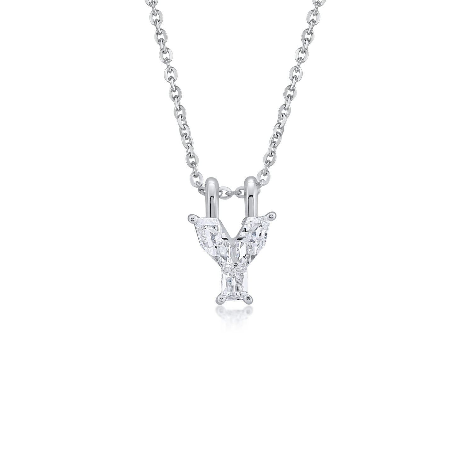 White gold necklace with a 'Y' shaped diamond pendant on a white background