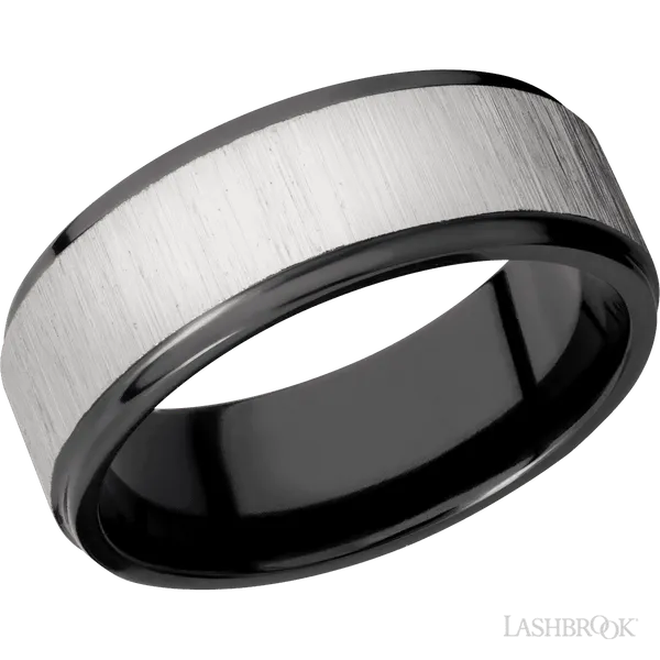 This Zirconium wedding band features a flat style with a flat setting. The piece is polished and elegant, crafted without diamonds for a refined finish.