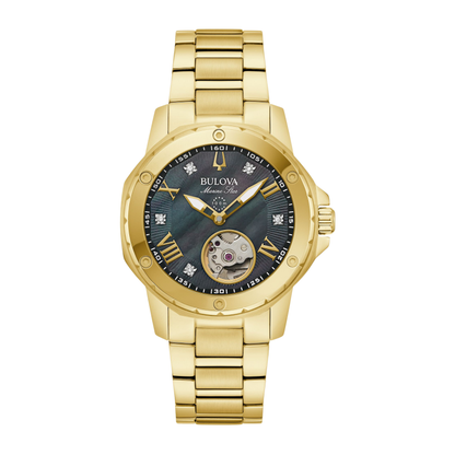 Bulova Marine Star Gold Stainless Steel Black Dial Watch 35mm