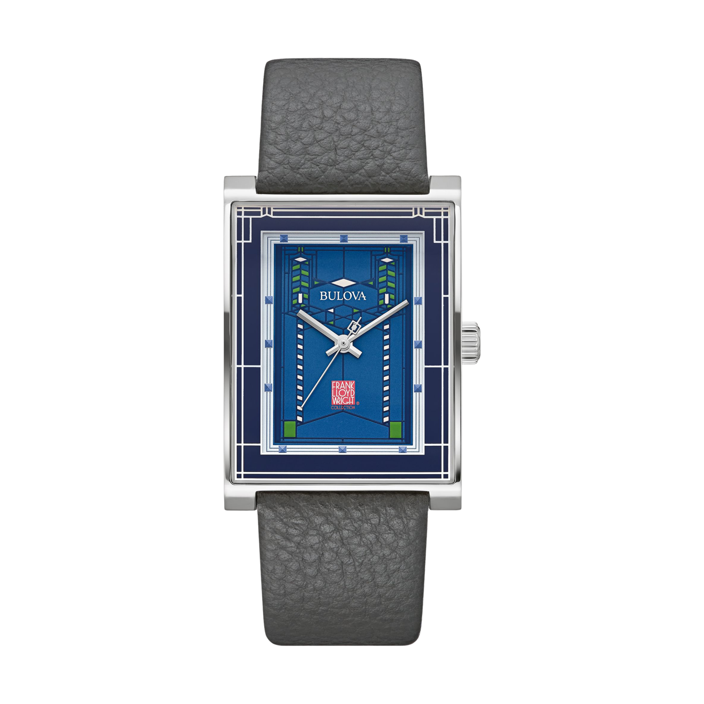 Bulova Frank Lloyd Wright Robie House Silver Stainless Steel Blue Dial Watch 30.5 mm
