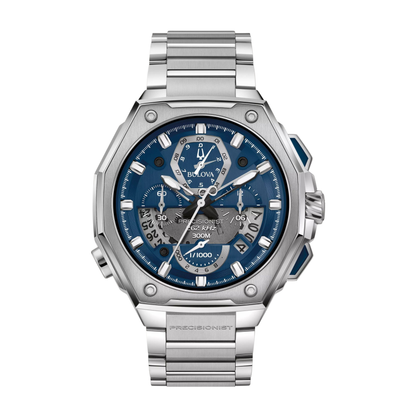 Bulova Series X Silver Stainless Steel Blue Dial Watch 45 mm