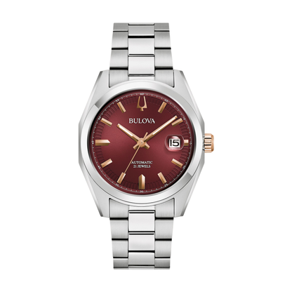 Bulova Surveyor Silver-Tone Stainless Steel Red Dial Automatic Watch 39 mm