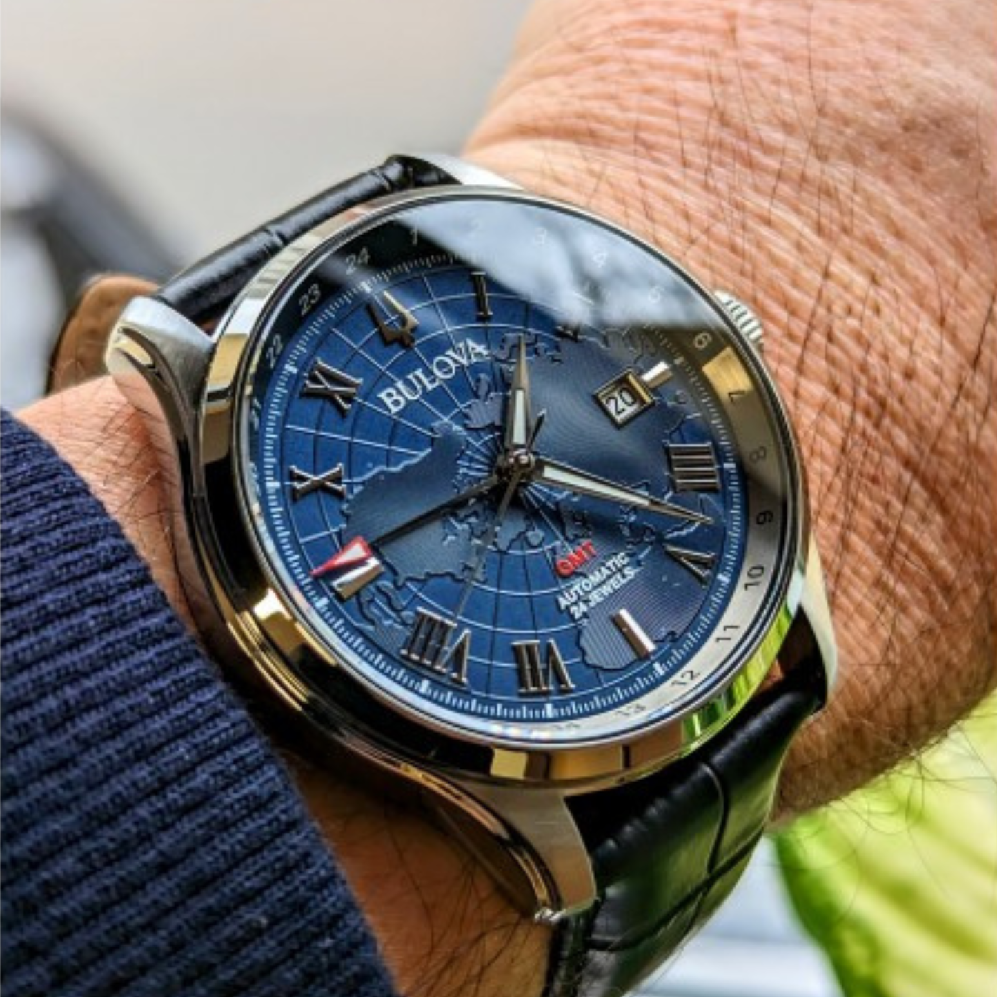 Bulova Classic Wilton GMT Stainless Steel Blue Dial Watch 42 mm