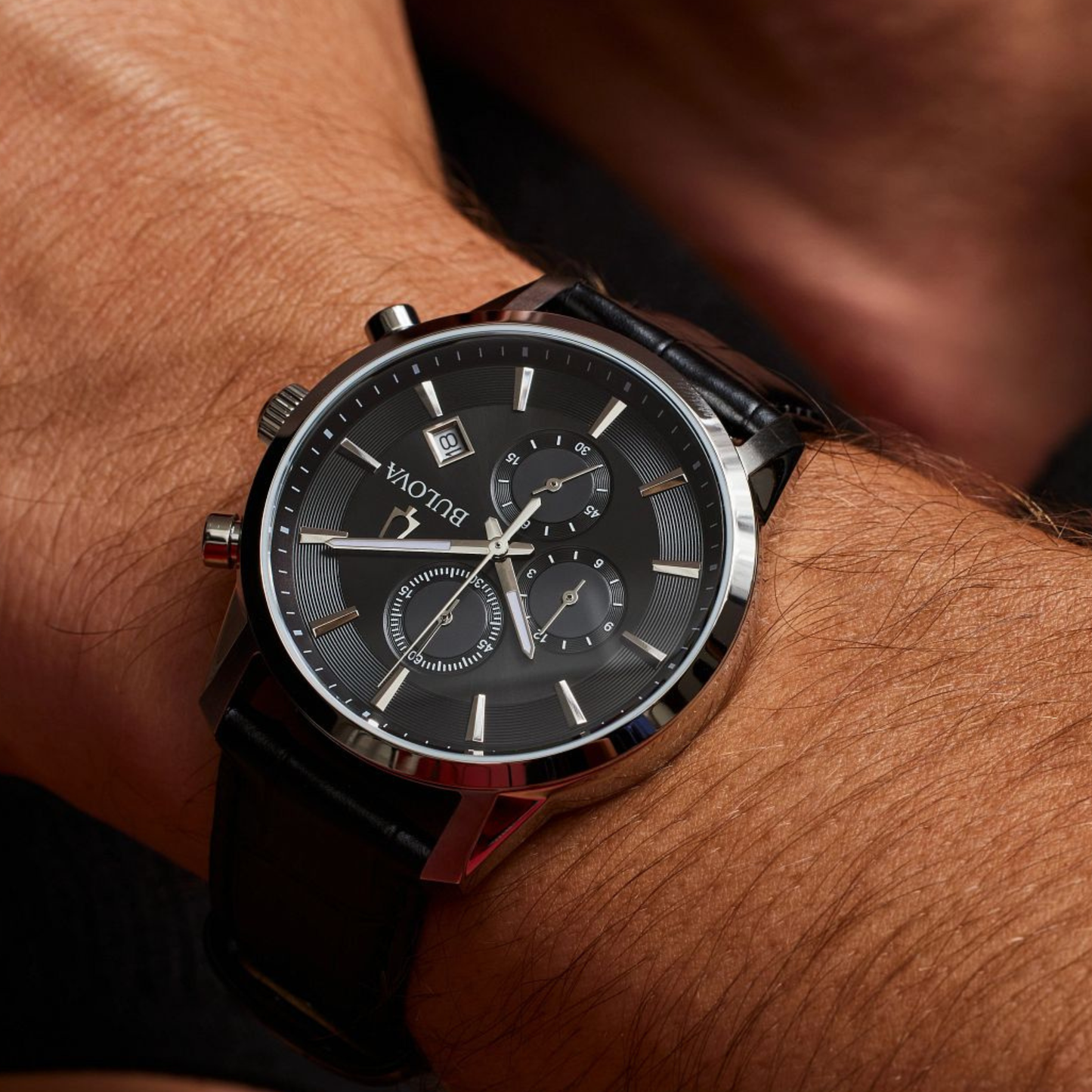 Bulova Sutton Chronograph Black Leather Black Dial Watch 41 mm