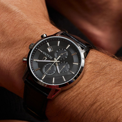 Bulova Sutton Chronograph Black Leather Black Dial Watch 41 mm