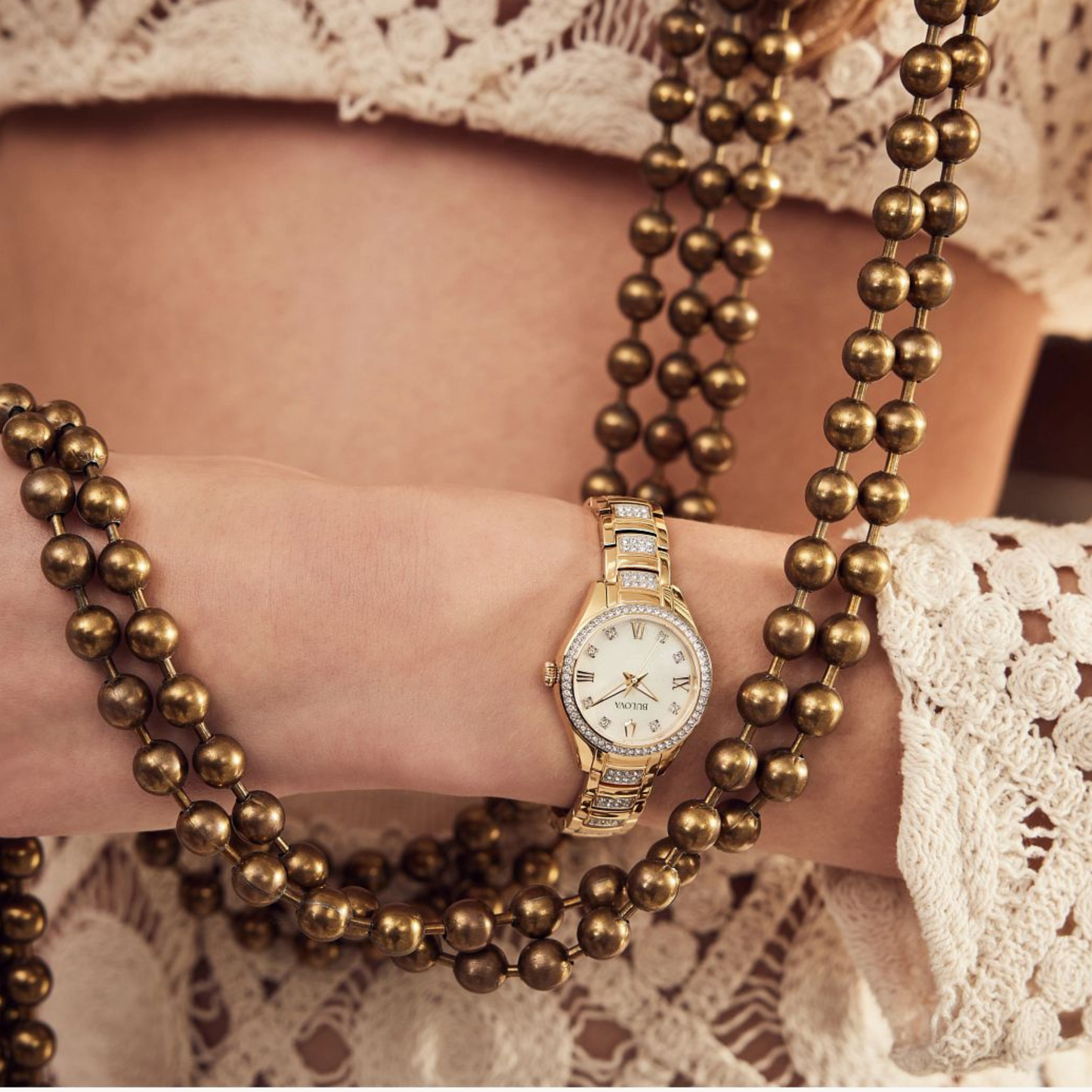 Bulova Crystal Gold Stainless Steel White Dial Watch 28.5 mm