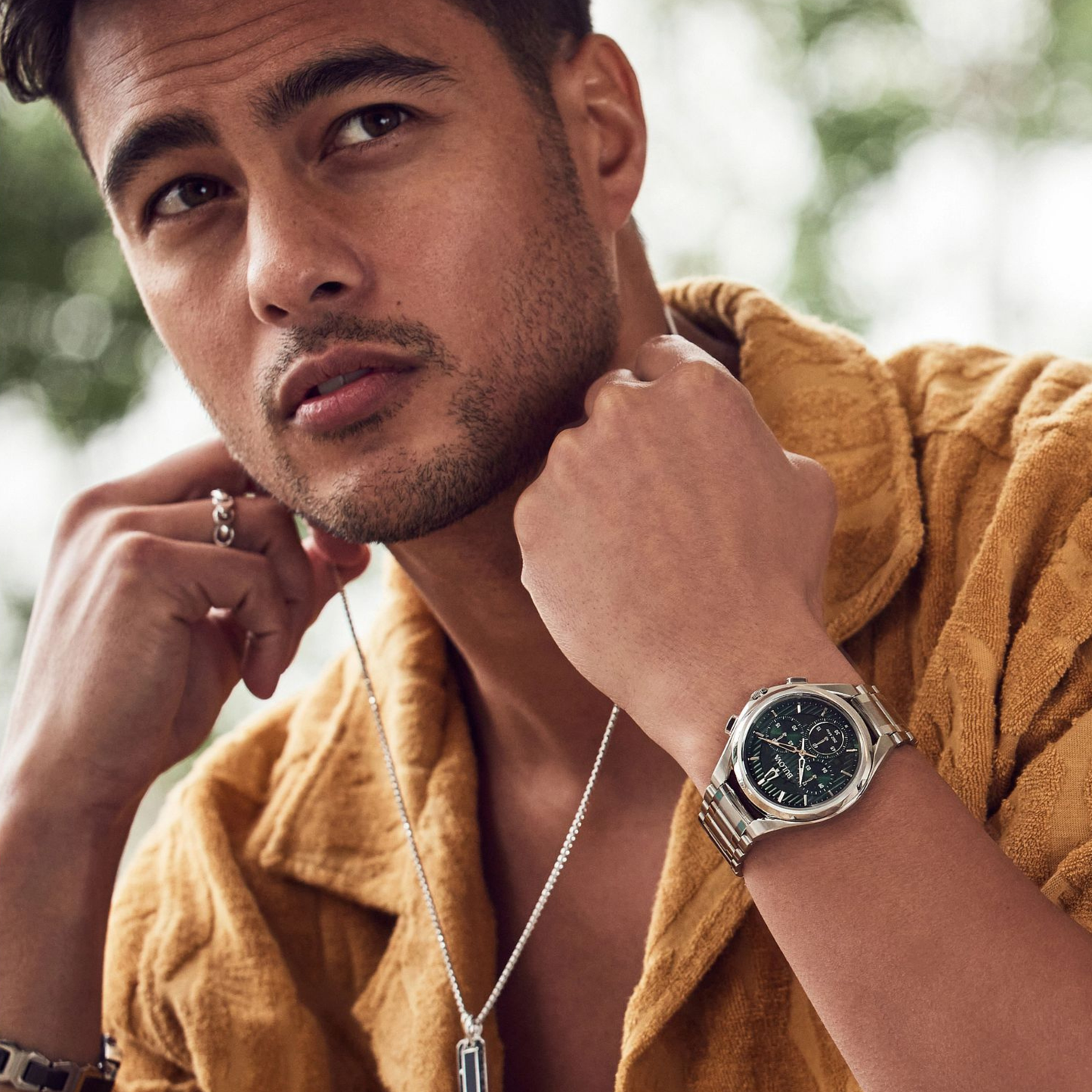 Bulova CURV Silver Stainless Steel Green Dial Watch 44 mm