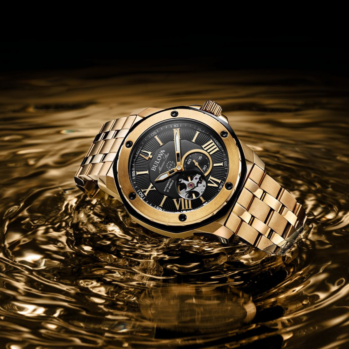Bulova Series A Marine Star Gold Stainless Steel Black Dial Watch 44 mm