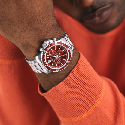 Movado Series 800 Chronograph Stainless Steel Red Dial Watch 42mm